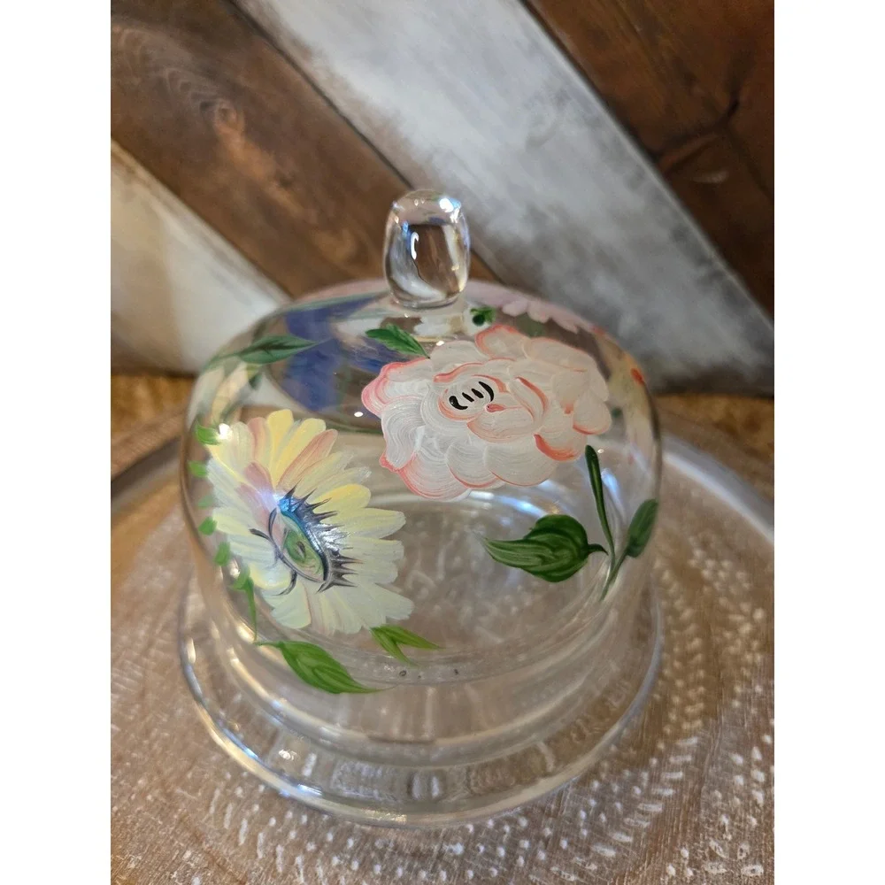 Hand Painted Floral Glass Butter Dish Domed Cloche Lid Clear 2 Piece Set Cottage